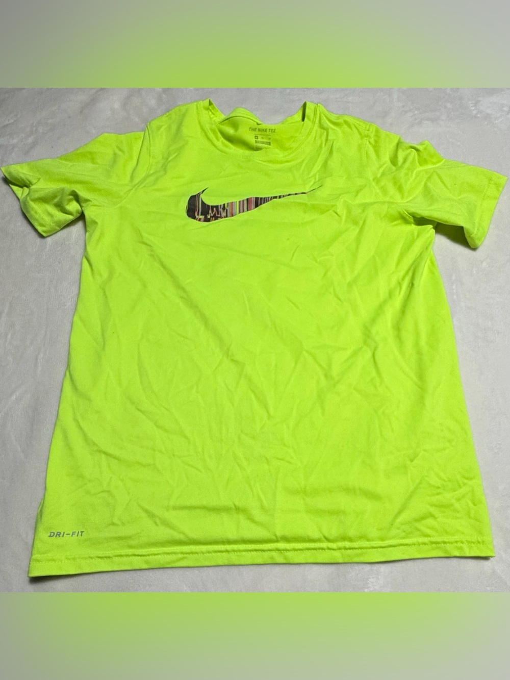 Nike Short Sleeve Performance Tee in Neon Green with Striped Swoosh